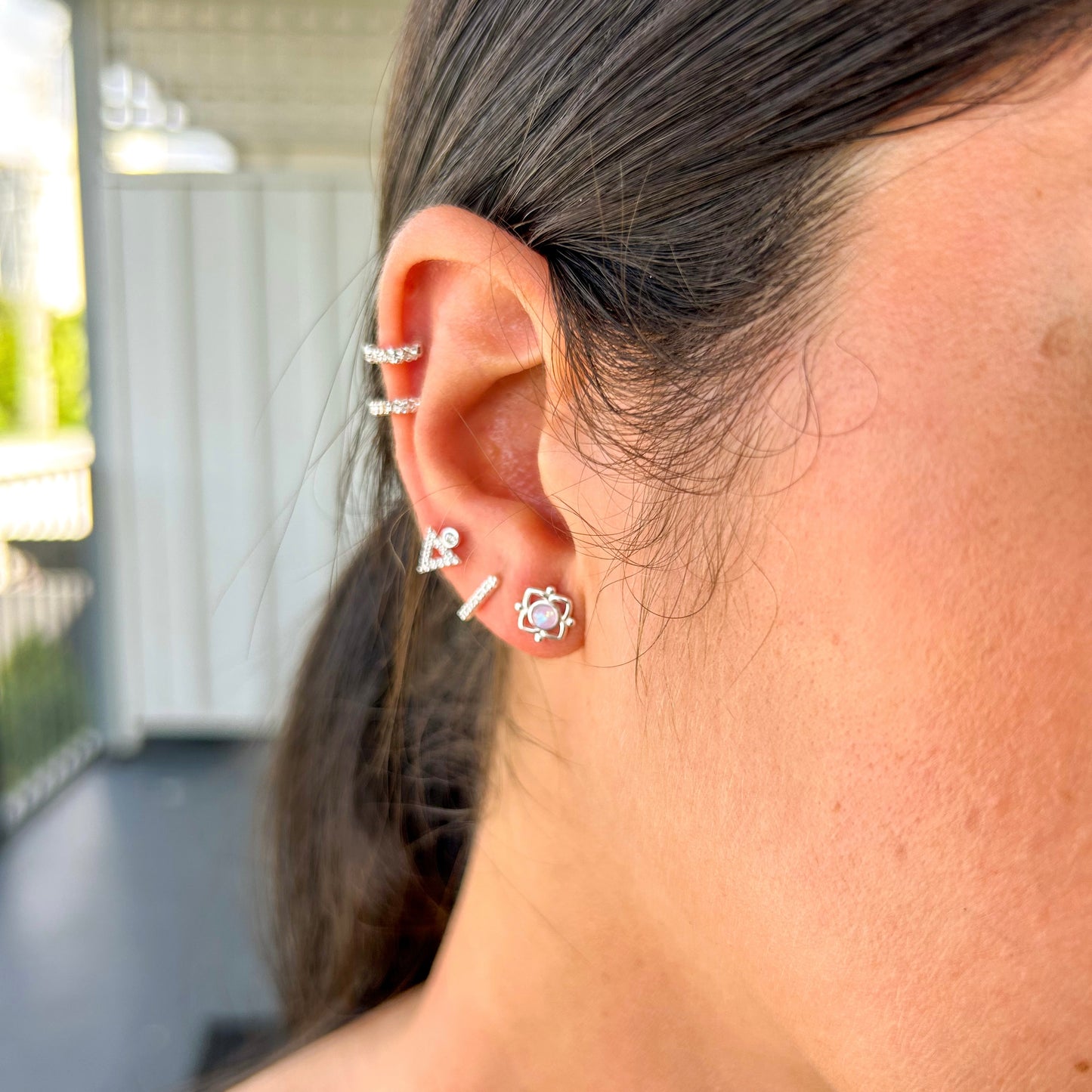 White Opal Flower Ear Stud