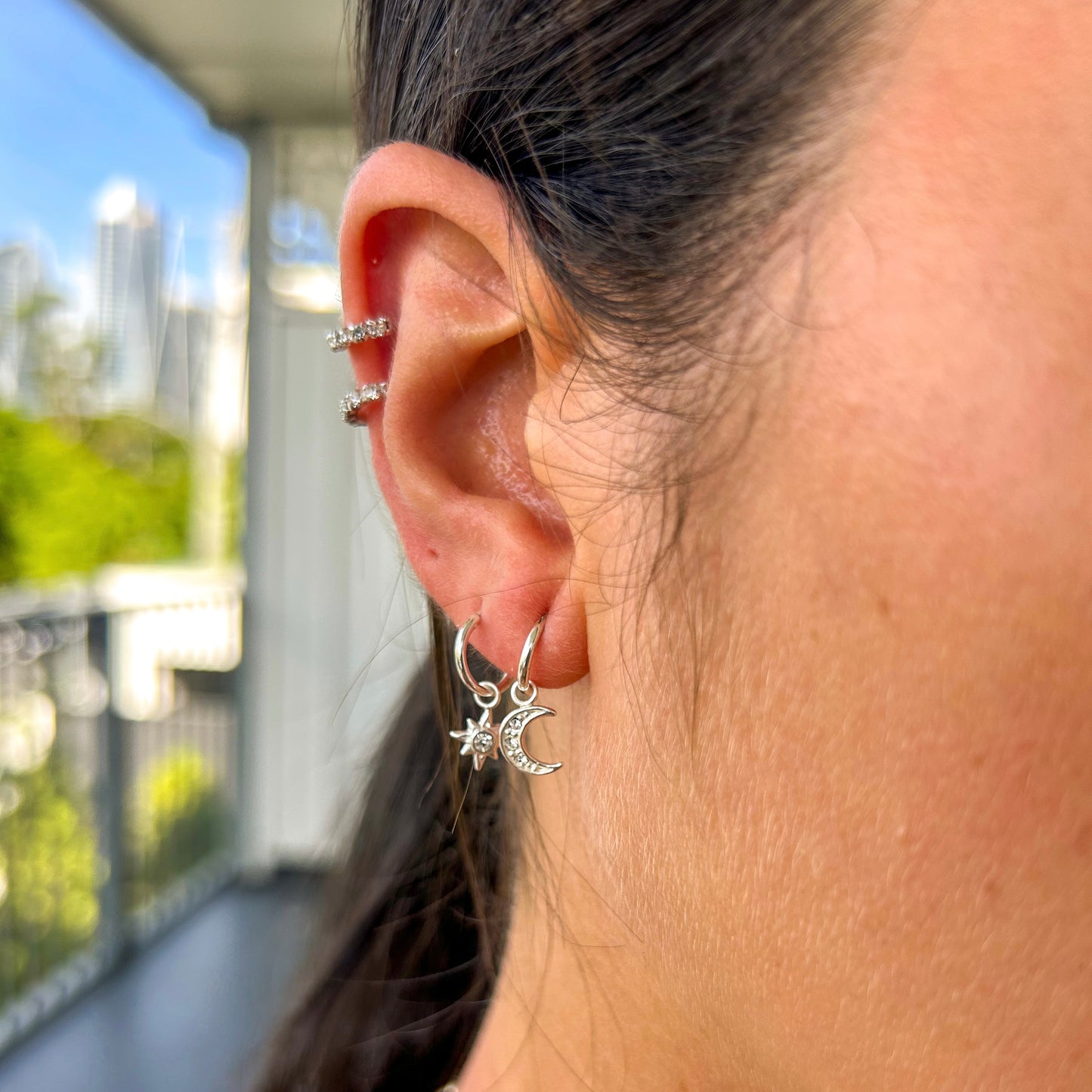 Ear Hoops with Hanging Crystal Moon & Star