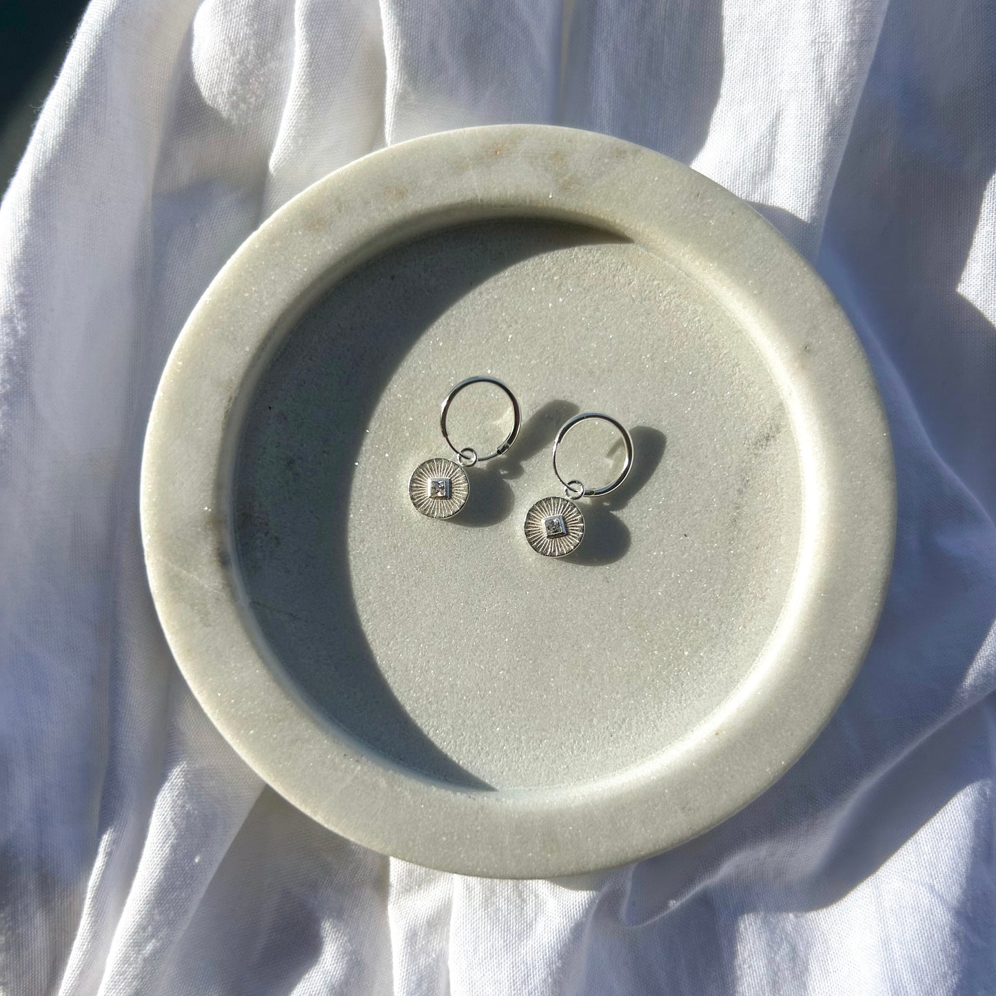 Ear Hoops with Hanging Engraved Disk