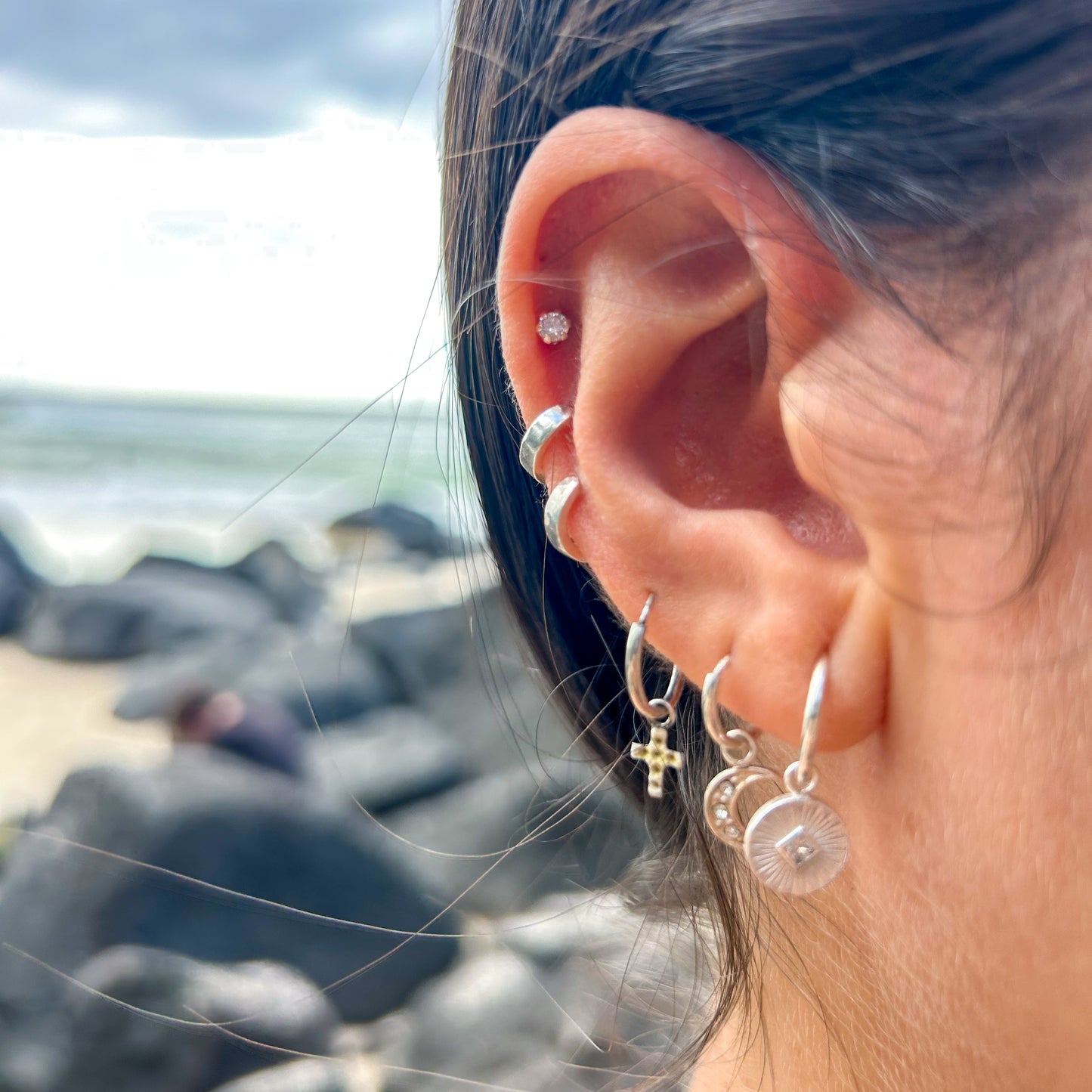 Ear Hoops with Hanging Engraved Disk